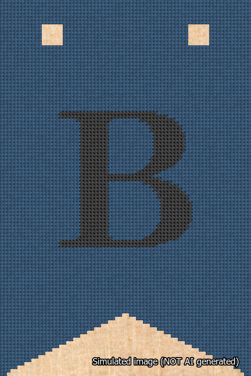 A simulated image of the stitched needlepoint design: Banner 18m Forked B Black on Blue. Not A.I. generated.