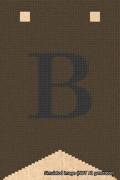 A simulated image of the stitched needlepoint design: Banner 18m Forked B Black on Brown. Not A.I. generated.