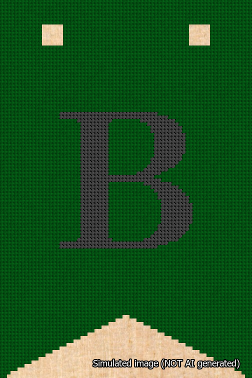 A simulated image of the stitched needlepoint design: Banner 18m Forked B Black on Green. Not A.I. generated.