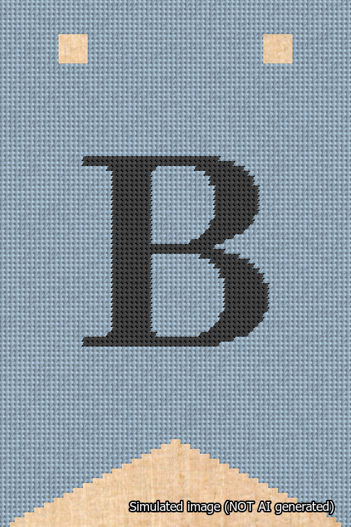 A simulated image of the stitched needlepoint design: Banner 18m Forked B Black on Light Blue. Not A.I. generated.