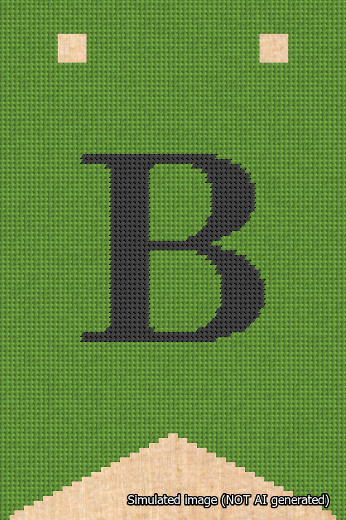 A simulated image of the stitched needlepoint design: Banner 18m Forked B Black on Light Green. Not A.I. generated.