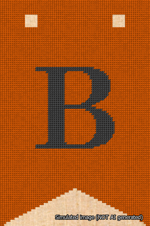 A simulated image of the stitched needlepoint design: Banner 18m Forked B Black on Orange. Not A.I. generated.