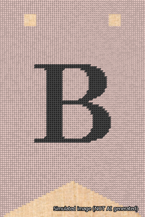 A simulated image of the stitched needlepoint design: Banner 18m Forked B Black on Pink. Not A.I. generated.