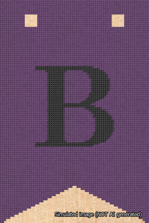 A simulated image of the stitched needlepoint design: Banner 18m Forked B Black on Purple. Not A.I. generated.