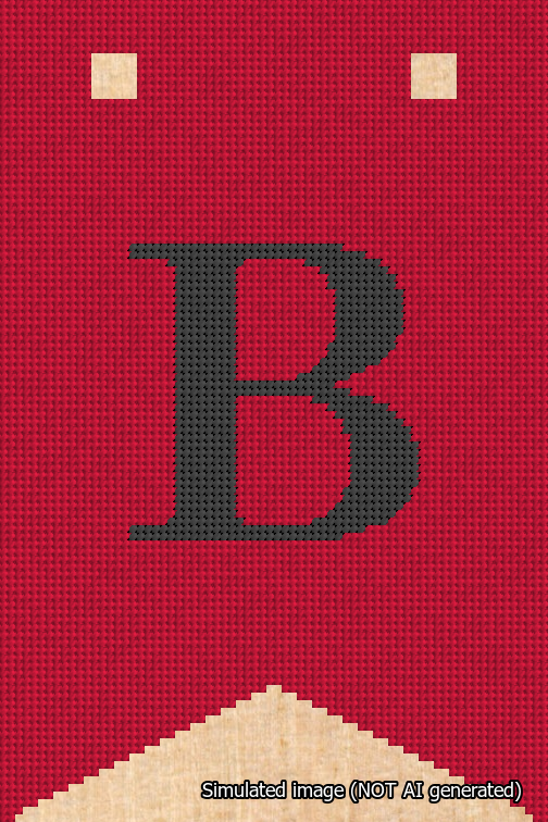 A simulated image of the stitched needlepoint design: Banner 18m Forked B Black on Red. Not A.I. generated.