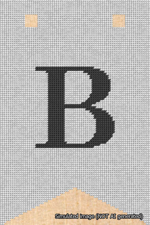 A simulated image of the stitched needlepoint design: Banner 18m Forked B Black on White. Not A.I. generated.