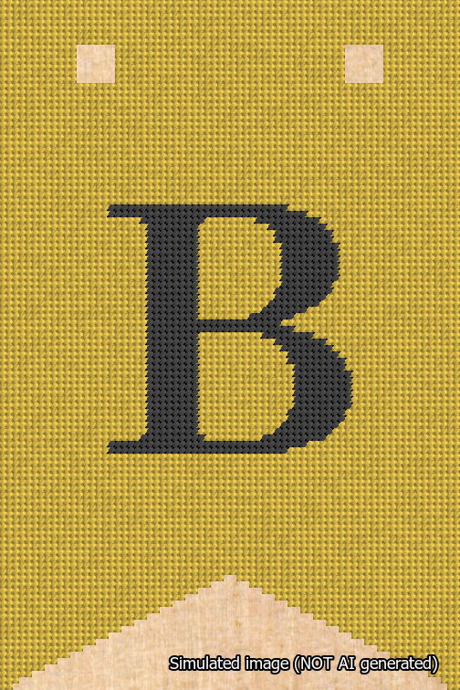 A simulated image of the stitched needlepoint design: Banner 18m Forked B Black on Yellow. Not A.I. generated.