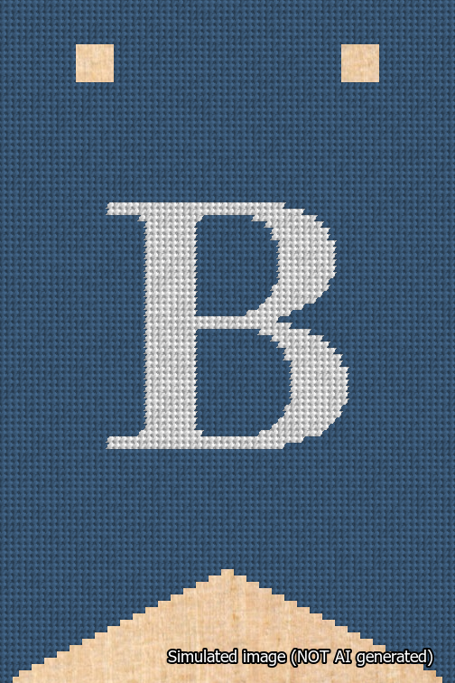 A simulated image of the stitched needlepoint design: Banner 18m Forked B White on Blue. Not A.I. generated.