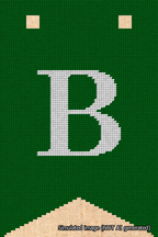 A simulated image of the stitched needlepoint design: Banner 18m Forked B White on Green. Not A.I. generated.