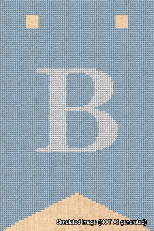 A simulated image of the stitched needlepoint design: Banner 18m Forked B White on Light Blue. Not A.I. generated.