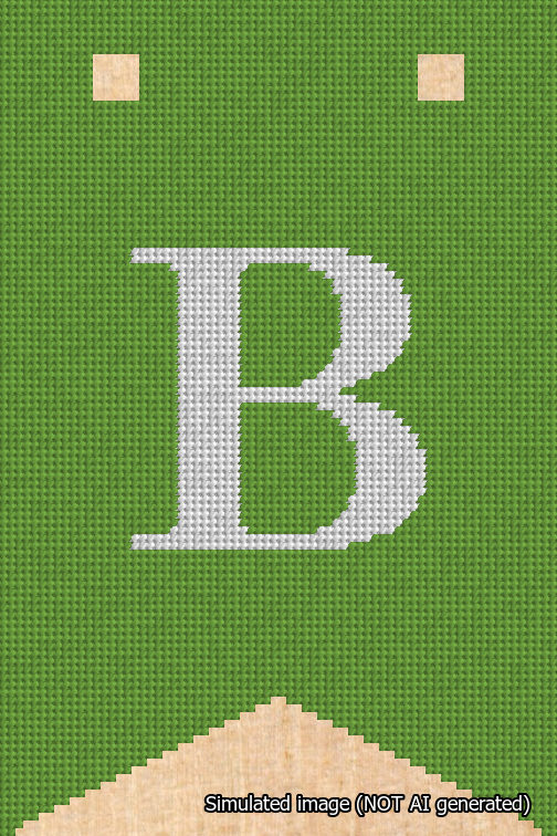 A simulated image of the stitched needlepoint design: Banner 18m Forked B White on Light Green. Not A.I. generated.