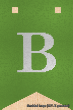 A simulated image of the stitched needlepoint design: Banner 18m Forked B White on Light Green. Not A.I. generated.