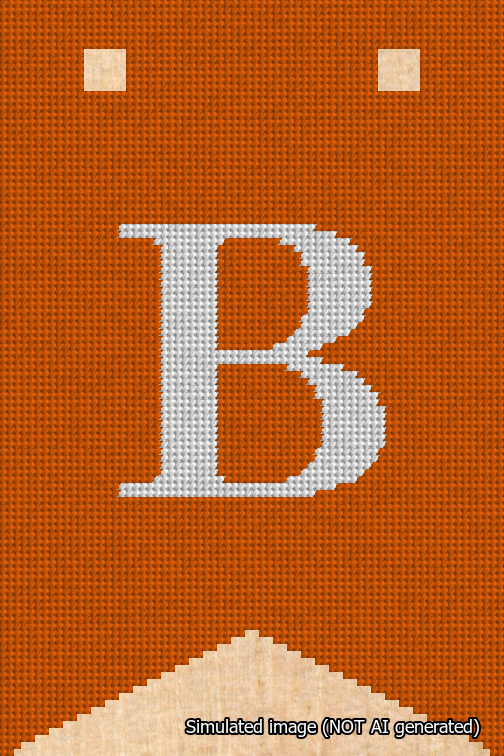 A simulated image of the stitched needlepoint design: Banner 18m Forked B White on Orange. Not A.I. generated.