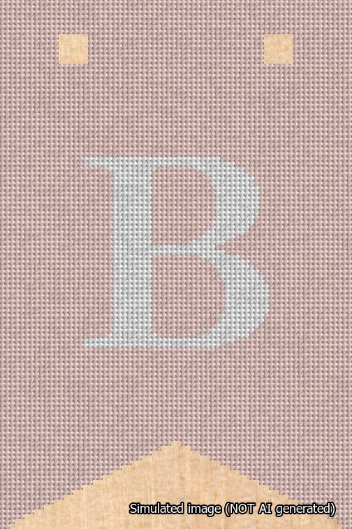 A simulated image of the stitched needlepoint design: Banner 18m Forked B White on Pink. Not A.I. generated.