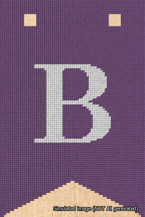 A simulated image of the stitched needlepoint design: Banner 18m Forked B White on Purple. Not A.I. generated.