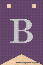 A simulated image of the stitched needlepoint design: Banner 18m Forked B White on Purple. Not A.I. generated.