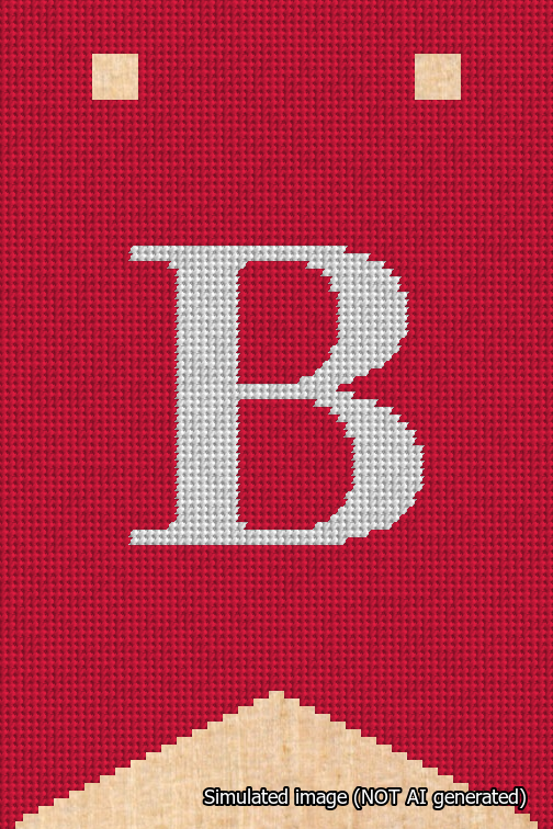 A simulated image of the stitched needlepoint design: Banner 18m Forked B White on Red. Not A.I. generated.