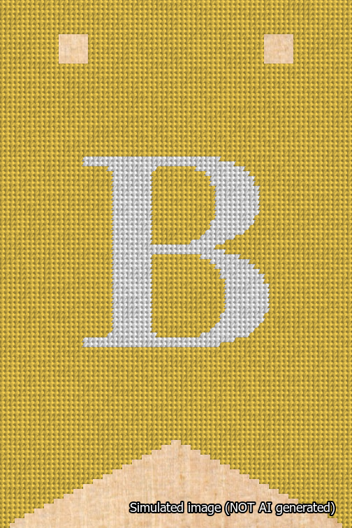 A simulated image of the stitched needlepoint design: Banner 18m Forked B White on Yellow. Not A.I. generated.