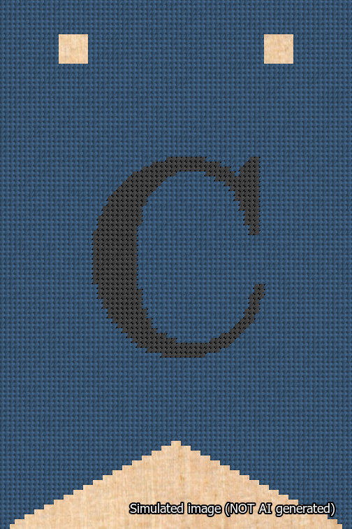 A simulated image of the stitched needlepoint design: Banner 18m Forked C Black on Blue. Not A.I. generated.