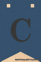 A simulated image of the stitched needlepoint design: Banner 18m Forked C Black on Blue. Not A.I. generated.