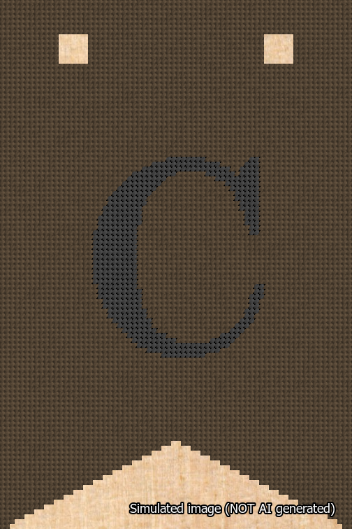 A simulated image of the stitched needlepoint design: Banner 18m Forked C Black on Brown. Not A.I. generated.