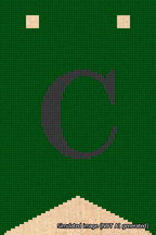 A simulated image of the stitched needlepoint design: Banner 18m Forked C Black on Green. Not A.I. generated.