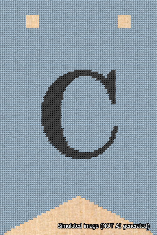 A simulated image of the stitched needlepoint design: Banner 18m Forked C Black on Light Blue. Not A.I. generated.