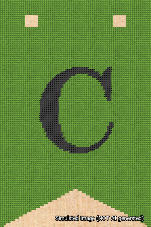 A simulated image of the stitched needlepoint design: Banner 18m Forked C Black on Light Green. Not A.I. generated.