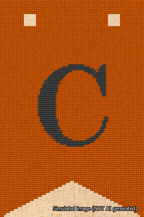 A simulated image of the stitched needlepoint design: Banner 18m Forked C Black on Orange. Not A.I. generated.