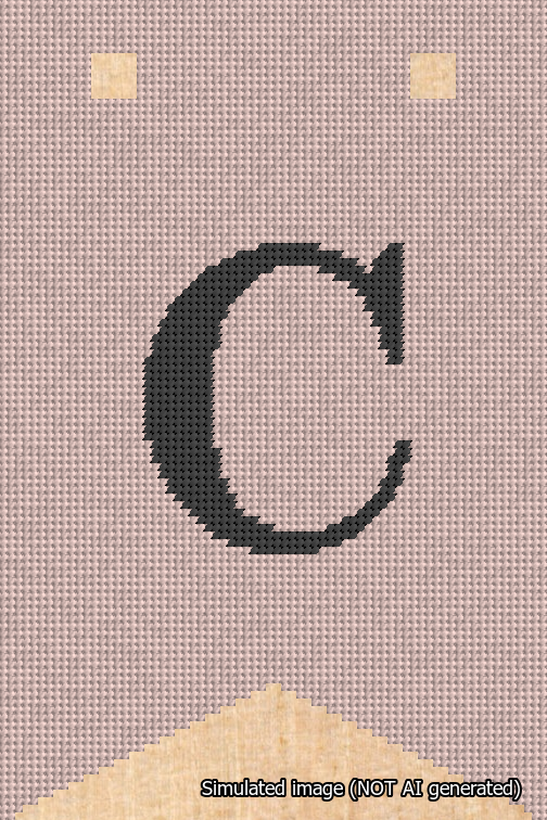 A simulated image of the stitched needlepoint design: Banner 18m Forked C Black on Pink. Not A.I. generated.