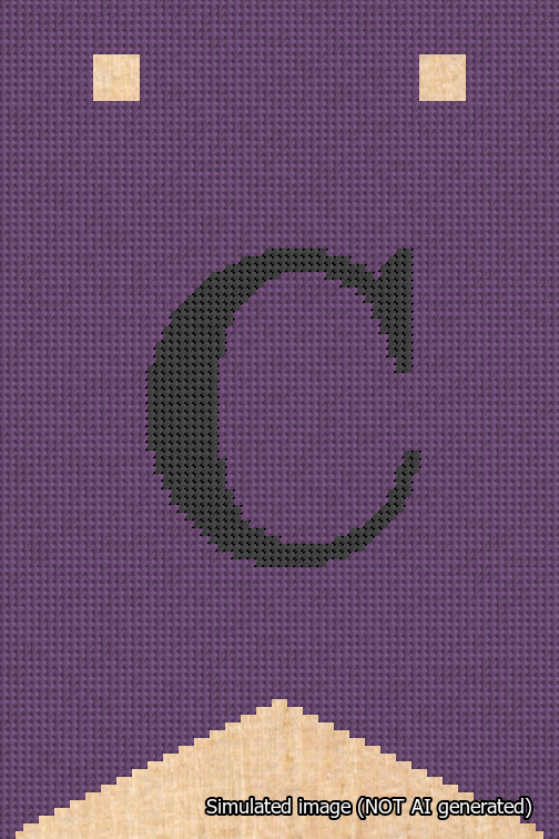 A simulated image of the stitched needlepoint design: Banner 18m Forked C Black on Purple. Not A.I. generated.