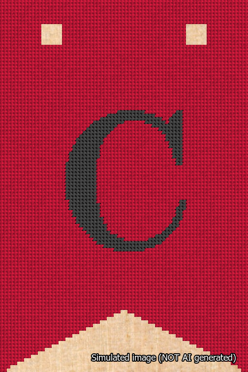 A simulated image of the stitched needlepoint design: Banner 18m Forked C Black on Red. Not A.I. generated.