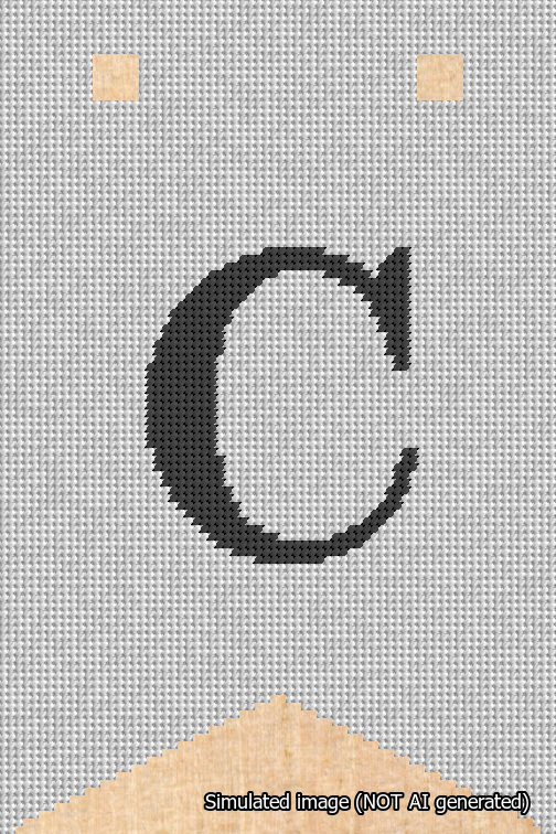 A simulated image of the stitched needlepoint design: Banner 18m Forked C Black on White. Not A.I. generated.