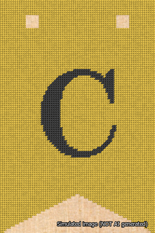A simulated image of the stitched needlepoint design: Banner 18m Forked C Black on Yellow. Not A.I. generated.