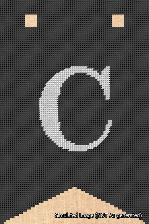 A simulated image of the stitched needlepoint design: Banner 18m Forked C White on Black. Not A.I. generated.