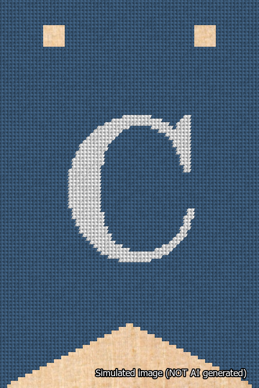 A simulated image of the stitched needlepoint design: Banner 18m Forked C White on Blue. Not A.I. generated.