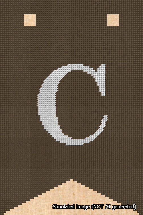 A simulated image of the stitched needlepoint design: Banner 18m Forked C White on Brown. Not A.I. generated.