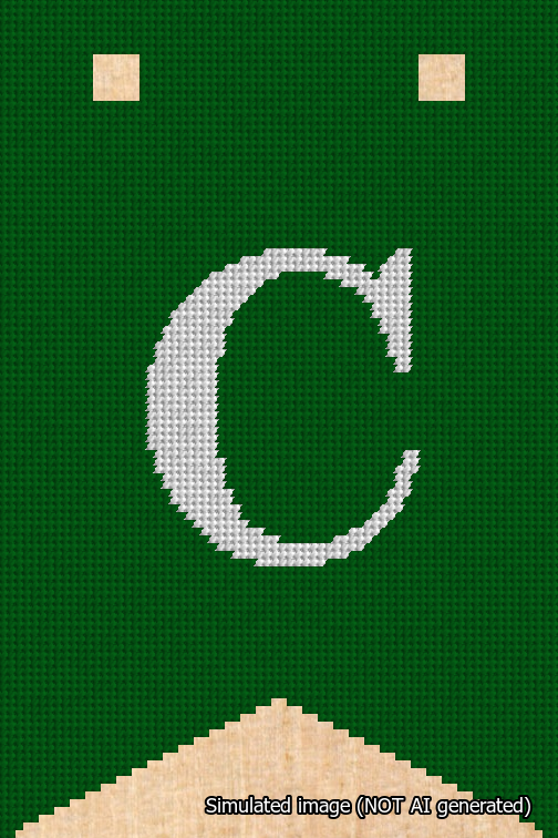 A simulated image of the stitched needlepoint design: Banner 18m Forked C White on Green. Not A.I. generated.