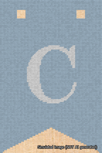 A simulated image of the stitched needlepoint design: Banner 18m Forked C White on Light Blue. Not A.I. generated.
