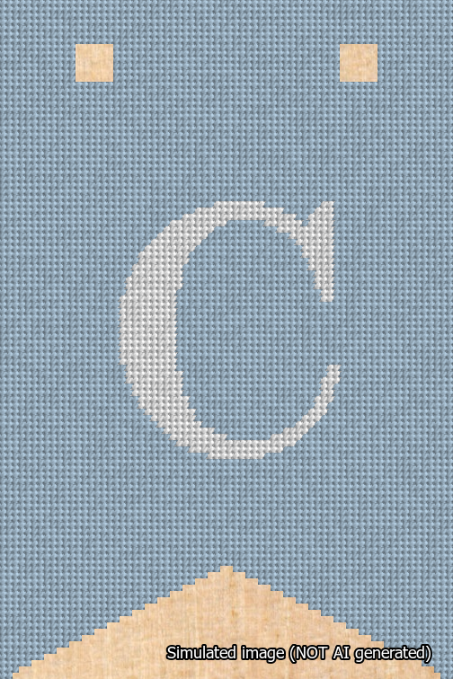 A simulated image of the stitched needlepoint design: Banner 18m Forked C White on Light Blue. Not A.I. generated.