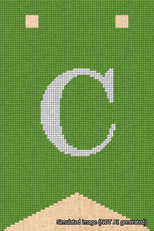 A simulated image of the stitched needlepoint design: Banner 18m Forked C White on Light Green. Not A.I. generated.