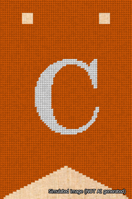 A simulated image of the stitched needlepoint design: Banner 18m Forked C White on Orange. Not A.I. generated.