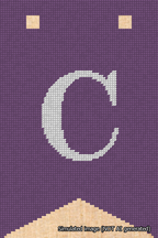 A simulated image of the stitched needlepoint design: Banner 18m Forked C White on Purple. Not A.I. generated.
