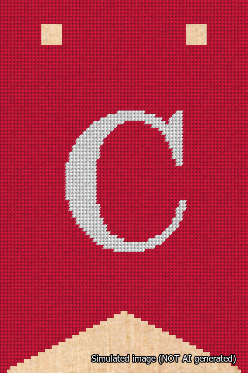 A simulated image of the stitched needlepoint design: Banner 18m Forked C White on Red. Not A.I. generated.