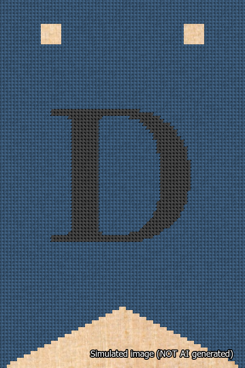 A simulated image of the stitched needlepoint design: Banner 18m Forked D Black on Blue. Not A.I. generated.