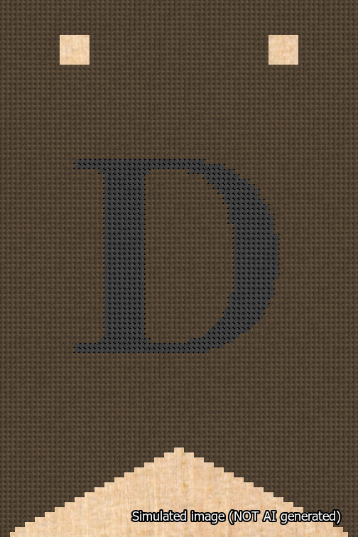 A simulated image of the stitched needlepoint design: Banner 18m Forked D Black on Brown. Not A.I. generated.