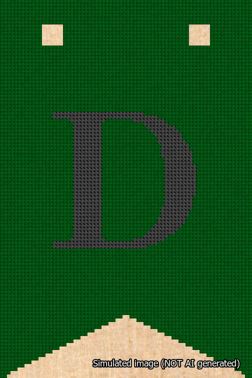A simulated image of the stitched needlepoint design: Banner 18m Forked D Black on Green. Not A.I. generated.