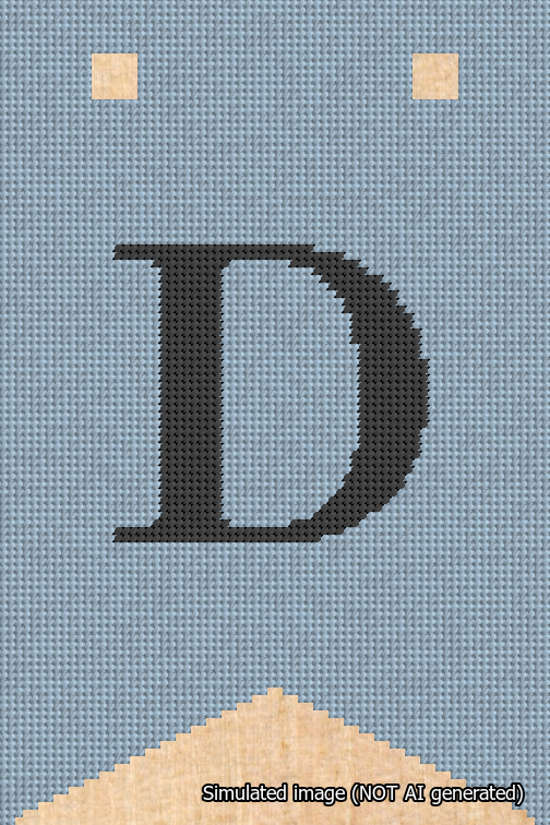 A simulated image of the stitched needlepoint design: Banner 18m Forked D Black on Light Blue. Not A.I. generated.
