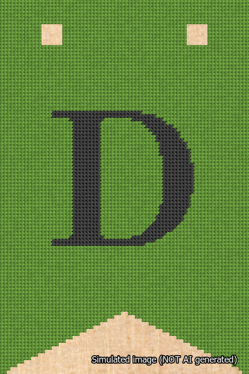A simulated image of the stitched needlepoint design: Banner 18m Forked D Black on Light Green. Not A.I. generated.