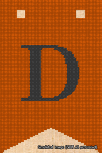 A simulated image of the stitched needlepoint design: Banner 18m Forked D Black on Orange. Not A.I. generated.